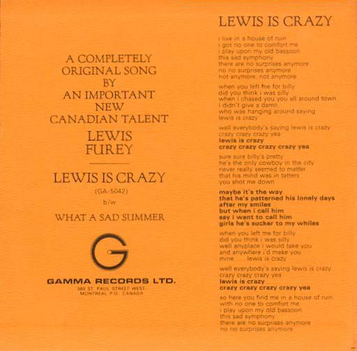 Lewis Furey "Lewis is crazy" / "What a sad summer" (Gamma, 7", 1972)